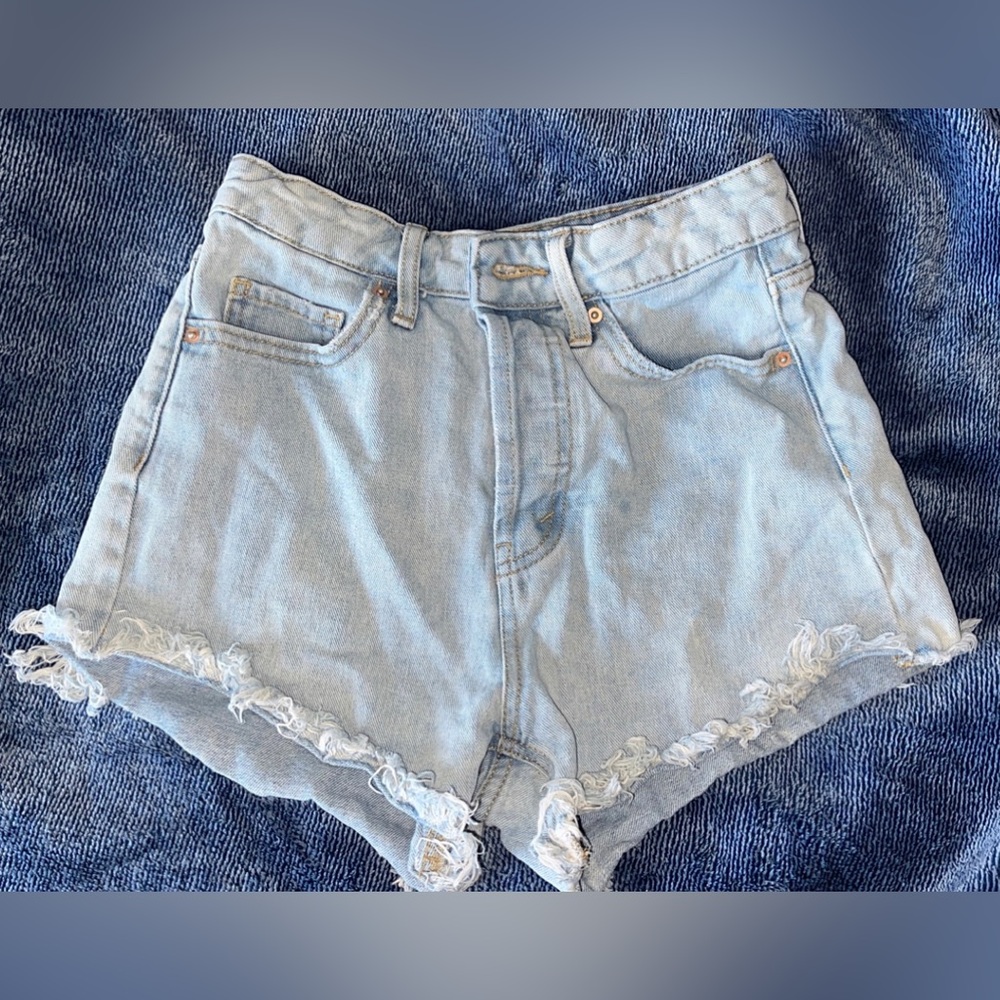 high rise denim shorts, size 00, light wash